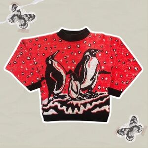 Women’s Vintage Turtle Bay Red and Black Penguin Chunky Knit Novelty Sweater